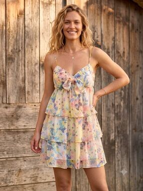 Candie's Floral Tiered Mini Dress Spaghetti Strap Bow Detail Size M